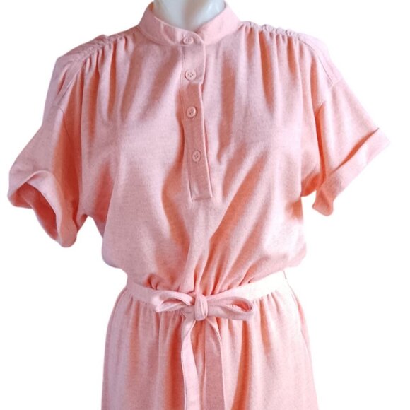sz 10 Vintage Dress 80's Leslie Fay Salmon Pink Button-Up Belted Dress Stretch - Picture 2 of 6